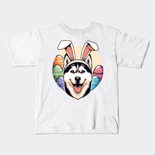 Siberian Husky with Bunny Ears Enjoys Easter Morning Kids T-Shirt